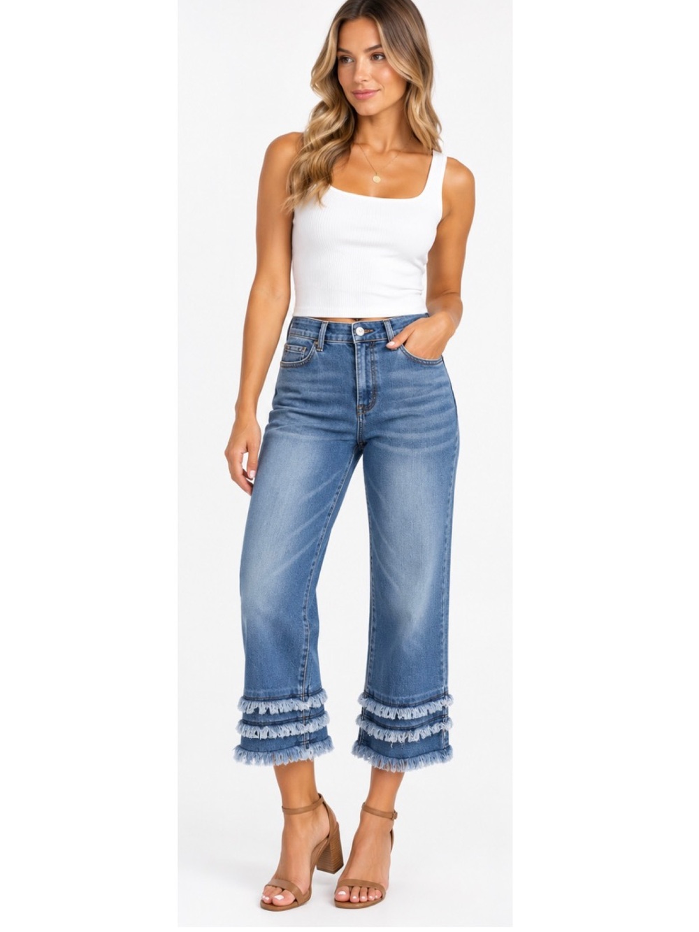 John Mark Women's Cropped Wide-Leg Jeans with Frayed Ruffle Hem - Blue
